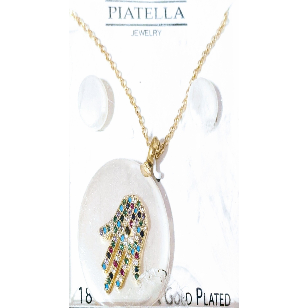 Hamsa Necklace Gold Plated with Multicolor Gemstones + Earrings Set + Gift Box